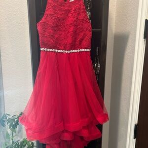 Elegant Red Lace and Chiffon Dress with Rhinestone Detail - EUC